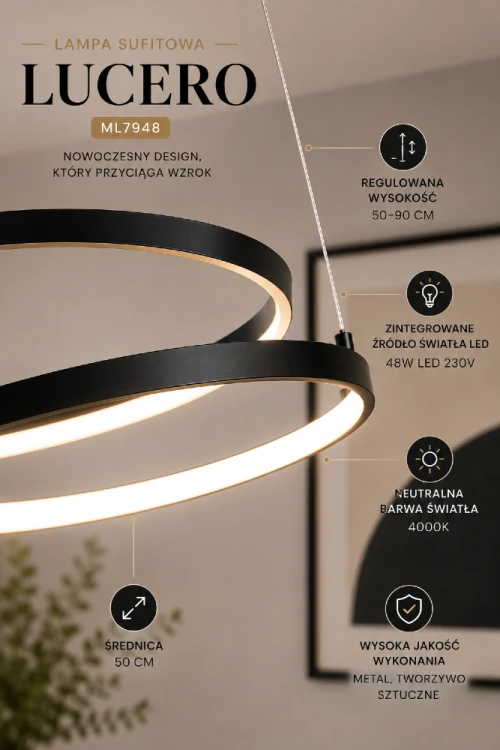 Lampa sufitowa LUCERO ML7948 to połączenie nowoczesnego wzornictwa i funkcjonalności. Regulowana wysokość od 50 do 90 cm oraz neutralne światło 4000K sprawiają, że jest idealnym wyborem do codziennego użytkowania.