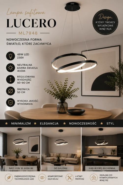 Nowoczesna lampa LED LUCERO 48W doskonale sprawdzi się nad stołem w jadalni lub w salonie. Efektowne pierścienie świetlne nadają wnętrzu wyjątkowego charakteru, a czarna oprawa podkreśla współczesny styl aranżacji.