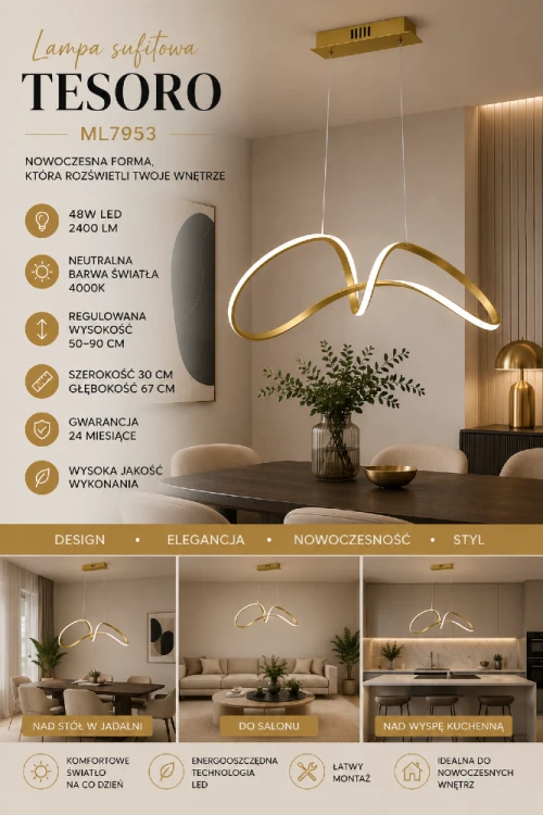 Nowoczesna lampa sufitowa TESORO 48W LED łączy efektowny design z wysoką funkcjonalnością. Regulowana wysokość zawieszenia oraz elegancka złota kolorystyka sprawiają, że świetnie prezentuje się nad stołem lub w salonie
