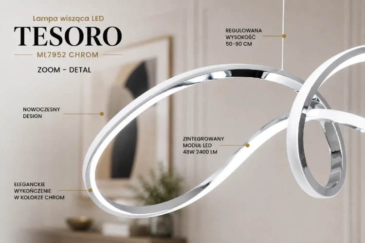 Lampa sufitowa TESORO ML7952 to połączenie designerskiego wyglądu i funkcjonalności. Chromowana oprawa doskonale komponuje się z aranżacjami nowoczesnymi, glamour i minimalistycznymi, podkreślając charakter wnętrza.