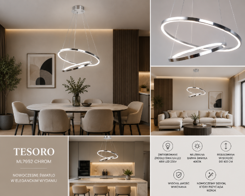 HOOP ML1550 marki Milagro to elegancka lampa LED Ring o średnicy 60 cm. Chromowane wykończenie nadaje wnętrzu prestiżowego charakteru, a regulowana wysokość od 50 do 90 cm pozwala dopasować oprawę do każdej aranżacji.