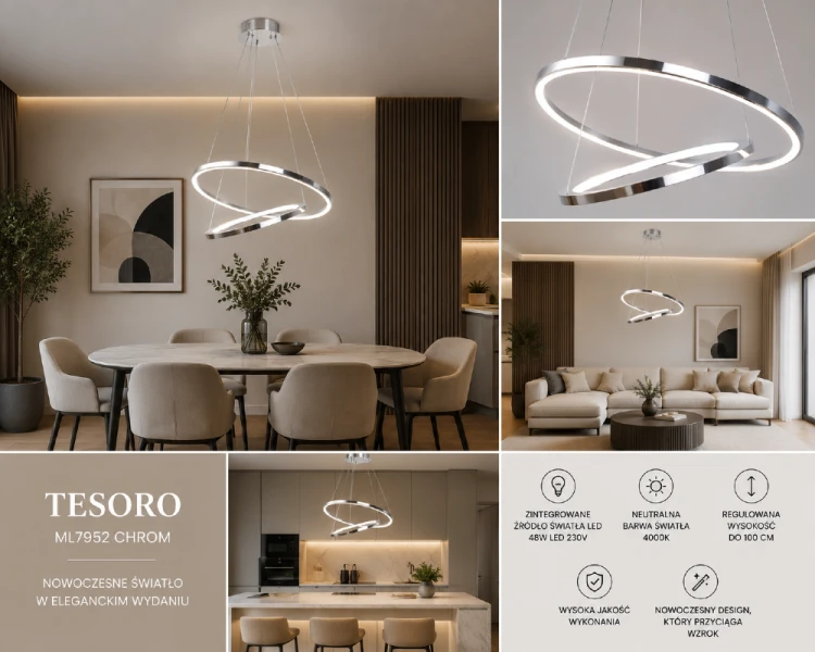 HOOP ML1550 marki Milagro to elegancka lampa LED Ring o średnicy 60 cm. Chromowane wykończenie nadaje wnętrzu prestiżowego charakteru, a regulowana wysokość od 50 do 90 cm pozwala dopasować oprawę do każdej aranżacji.