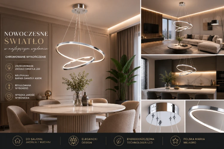 Nowoczesna lampa sufitowa HOOP LED wyróżnia się lekką formą i efektownymi pierścieniami świetlnymi. Neutralne światło 4000K zapewnia komfort użytkowania, a chromowana konstrukcja idealnie komponuje się z wnętrzami glamour i modern.