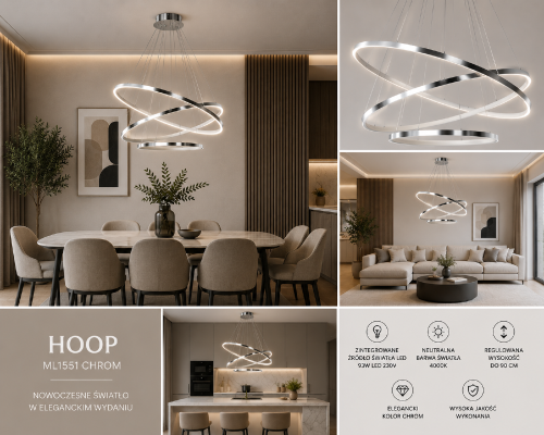 HOOP ML1551 marki Milagro zachwyca przestrzenną konstrukcją Ring LED i eleganckim chromowanym wykończeniem. Designerska forma przyciąga uwagę, a wydajne źródło światła LED zapewnia komfortowe oświetlenie dużych wnętrz.
