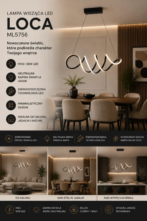 Nowoczesna lampa LED LOCA została wykonana z metalu i tworzywa sztucznego. Dzięki mocy 56W zapewnia skuteczne oświetlenie pomieszczenia, a neutralne światło 4000K gwarantuje komfort podczas codziennego użytkowania.