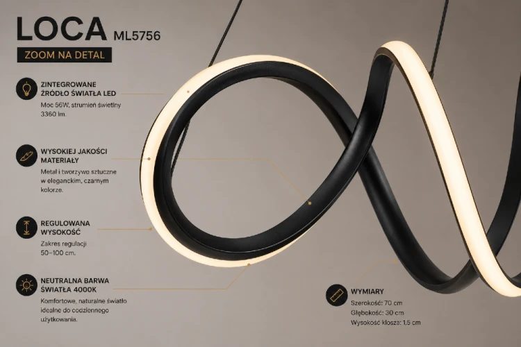 Lampa sufitowa LOCA ML5756 doskonale prezentuje się nad stołem, wyspą kuchenną lub w salonie. Regulowana wysokość zawieszenia od 50 do 100 cm pozwala idealnie dopasować ją do aranżowanej przestrzeni.