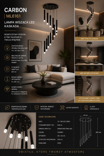 Lampa wisząca CARBON ML6161 marki Milagro to nowoczesna oprawa LED w formie efektownej kaskady. Dwanaście smukłych punktów świetlnych tworzy wyjątkową dekorację wnętrza, idealną do salonu, holu, klatki schodowej i antresoli.