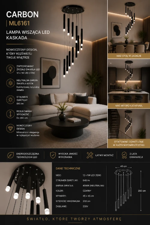 Lampa wisząca CARBON ML6161 marki Milagro to nowoczesna oprawa LED w formie efektownej kaskady. Dwanaście smukłych punktów świetlnych tworzy wyjątkową dekorację wnętrza, idealną do salonu, holu, klatki schodowej i antresoli.