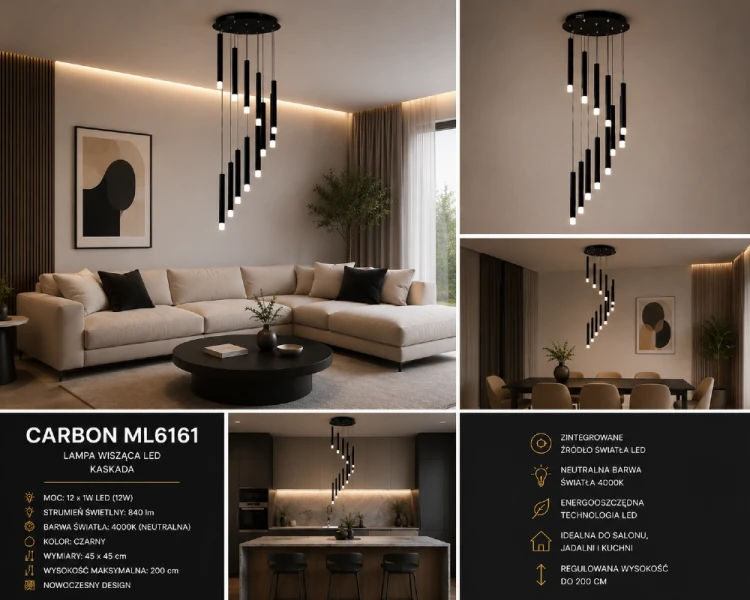 CARBON ML6161 zachwyca minimalistycznym designem i elegancką czarną kolorystyką. Neutralna barwa światła 4000K oraz regulowana wysokość do 200 cm sprawiają, że lampa doskonale sprawdza się w wysokich wnętrzach.