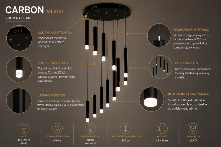 Nowoczesna lampa kaskadowa LED CARBON wyposażona została w 12 źródeł światła LED o łącznej mocy 12W. Smukłe tuby zawieszone na różnych wysokościach tworzą efektowną kompozycję świetlną przyciągającą uwagę