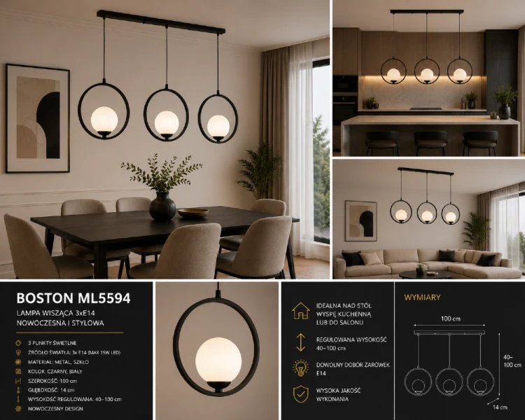 Nowoczesna lampa BOSTON Milagro została wyposażona w trzy oprawki E14 umieszczone w metalowych obręczach. Regulowana wysokość od 40 do 100 cm pozwala idealnie dopasować oświetlenie do jadalni, kuchni lub salonu.