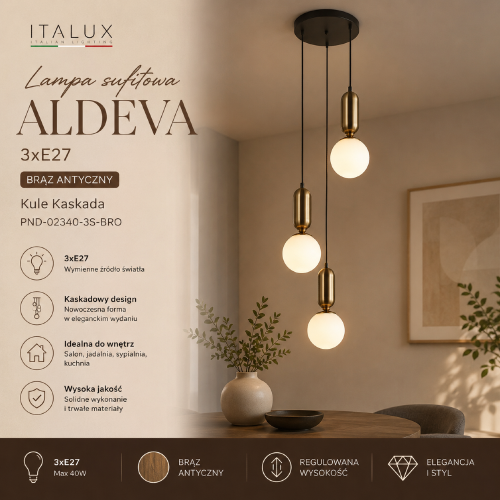 Lampa sufitowa ALDEVA 3xE27 Italux PND-02340-3S-BRO zachwyca elegancką formą kaskady i połączeniem brązu antycznego z mlecznymi kulami. Idealna do salonu, jadalni, holu oraz nad schody. Regulowana wysokość pozwala dopasować ją do wnętrza.