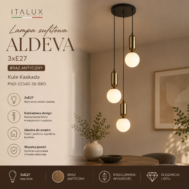 Lampa sufitowa ALDEVA 3xE27 Italux PND-02340-3S-BRO zachwyca elegancką formą kaskady i połączeniem brązu antycznego z mlecznymi kulami. Idealna do salonu, jadalni, holu oraz nad schody. Regulowana wysokość pozwala dopasować ją do wnętrza.