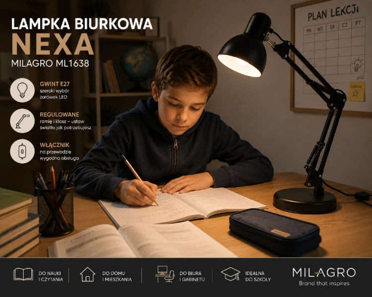 Nowoczesna lampka biurkowa NEXA ML1638 wykonana z metalu zapewnia wygodne oświetlenie podczas nauki i pracy przy komputerze. Regulowana wysokość, ruchomy klosz oraz włącznik na przewodzie sprawiają, że jest niezwykle funkcjonalna.