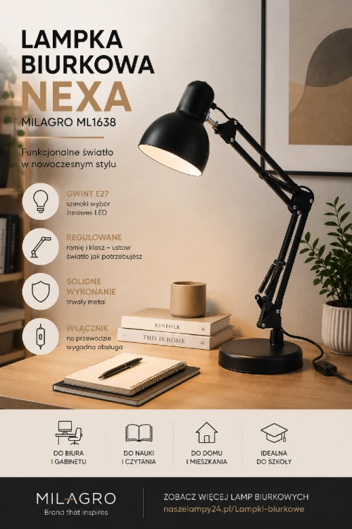 Nowoczesna lampka biurkowa NEXA ML1638 wykonana z metalu zapewnia wygodne oświetlenie podczas nauki i pracy przy komputerze. Regulowana wysokość, ruchomy klosz oraz włącznik na przewodzie sprawiają, że jest niezwykle funkcjonalna.