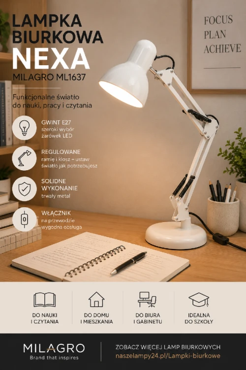 Nowoczesna lampka biurkowa NEXA ML1637 wykonana z metalu została wyposażona w regulowany wysięgnik i wygodny włącznik na przewodzie. To praktyczne rozwiązanie dla osób poszukujących funkcjonalnego oświetlenia do biurka i miejsca nauki.