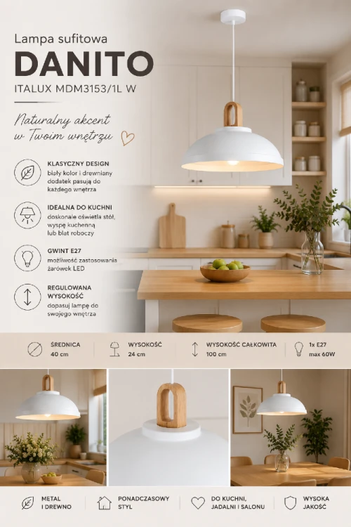 Lampa DANITO MDM3153/1L W to stylowe oświetlenie kuchni i jadalni. Minimalistyczna forma, regulowana wysokość zawieszenia oraz możliwość zastosowania żarówki LED E27 sprawiają, że jest praktycznym wyborem do nowoczesnych wnętrz.