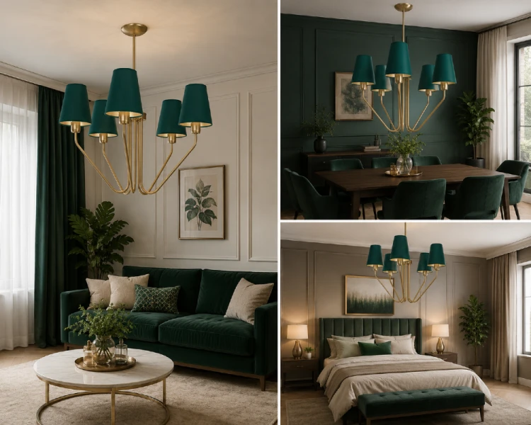 Stylowy żyrandol VICTORIA GREEN Milagro wyposażono w 5 oprawek E27, które pozwalają dopasować moc i barwę światła do potrzeb użytkownika. Zielone abażury z tkaniny ocieplają aranżację i nadają wnętrzu wyjątkowego charakteru.