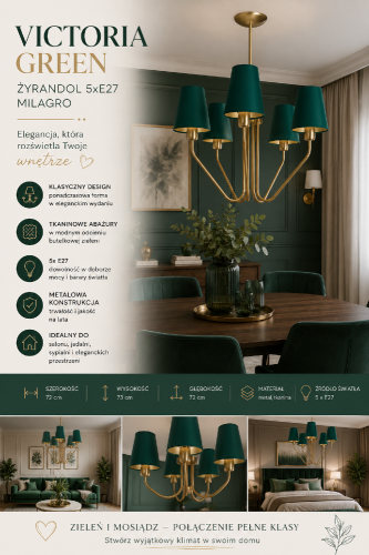 Lampa sufitowa VICTORIA GREEN to wyjątkowa propozycja do wnętrz glamour i modern classic. Zielone abażury oraz mosiężna konstrukcja tworzą elegancką kompozycję, która doskonale prezentuje się nad stołem, w salonie lub sypialni.