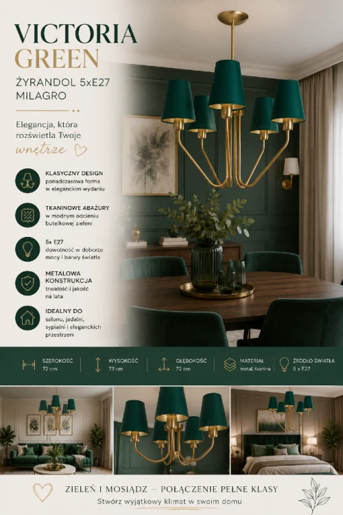 Lampa sufitowa VICTORIA GREEN to wyjątkowa propozycja do wnętrz glamour i modern classic. Zielone abażury oraz mosiężna konstrukcja tworzą elegancką kompozycję, która doskonale prezentuje się nad stołem, w salonie lub sypialni.