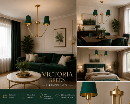Żyrandol VICTORIA GREEN 3xE27 Milagro zachwyca eleganckim połączeniem butelkowej zieleni i mosiężnych detali. Trzy abażury z tkaniny tworzą przyjemne światło, które doskonale sprawdzi się w salonie, jadalni oraz sypialni.