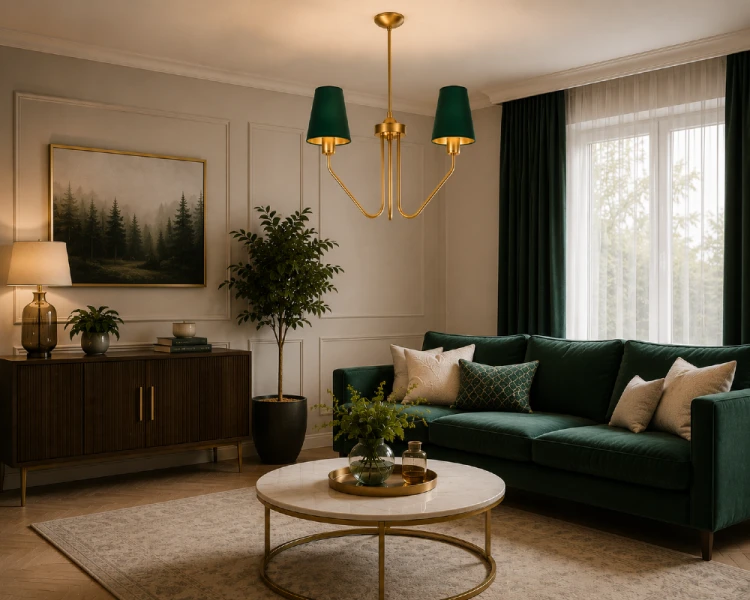 Elegancki żyrandol Milagro VICTORIA GREEN doskonale prezentuje się nad stołem w jadalni, w salonie lub sypialni. Połączenie mosiężnej konstrukcji i zielonych abażurów tworzy wyjątkową dekorację każdego wnętrza.