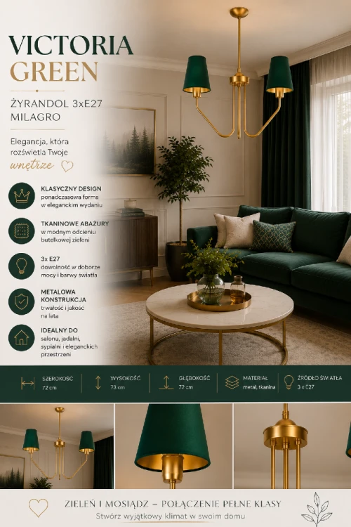 Elegancki żyrandol Milagro VICTORIA GREEN doskonale prezentuje się nad stołem w jadalni, w salonie lub sypialni. Połączenie mosiężnej konstrukcji i zielonych abażurów tworzy wyjątkową dekorację każdego wnętrza.