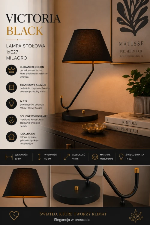 Szukasz eleganckiej lampki do sypialni? VICTORIA BLACK 1xE27 Milagro oferuje nastrojowe światło oraz wyjątkowy wygląd. Czarny abażur pięknie rozprasza światło, tworząc komfortową atmosferę do relaksu i czytania.