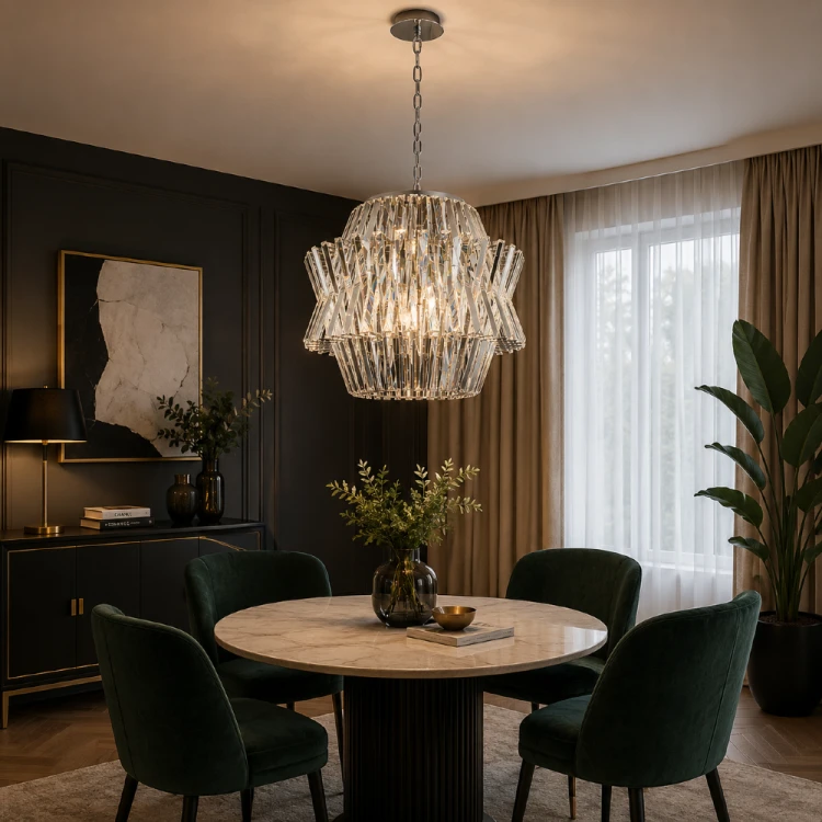 Lampa sufitowa CROWN ML0402 to idealny wybór do eleganckich aranżacji glamour i modern classic. Transparentne kryształy pięknie rozpraszają światło, tworząc wyjątkowy klimat w salonie, jadalni lub apartamencie