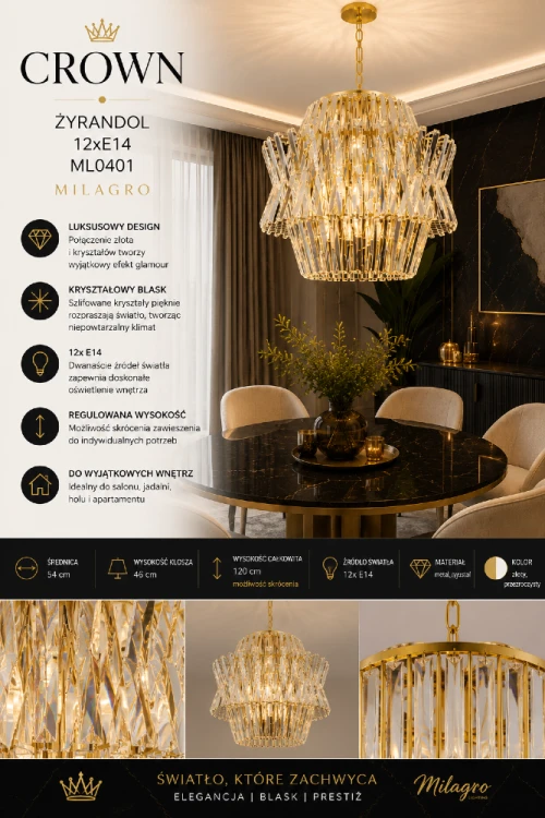 Lampa wisząca CROWN ML0401 to połączenie złota i kryształów, które tworzy niezwykle elegancką kompozycję. Idealnie sprawdzi się w salonie, nad stołem w jadalni lub w reprezentacyjnym holu, przyciągając uwagę każdego gościa.