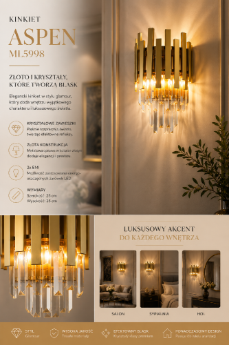 Kinkiet ASPEN złoty 2xE14 Milagro ML5998 to elegancka lampa ścienna z kryształami. Doskonale sprawdzi się jako dekoracyjne oświetlenie salonu, sypialni, holu lub przedpokoju, dodając wnętrzu luksusowego charakteru.