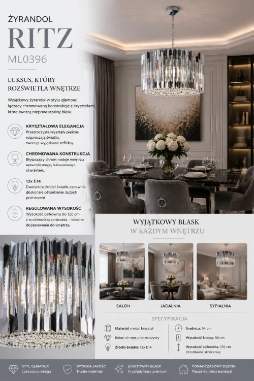 Elegancki żyrandol glamour RITZ ML0396 z kryształami i chromowaną konstrukcją stanie się wyjątkową ozdobą każdego wnętrza. Dwanaście źródeł światła E14 zapewnia doskonałe oświetlenie dużych pomieszczeń oraz efekt luksusowego blasku
