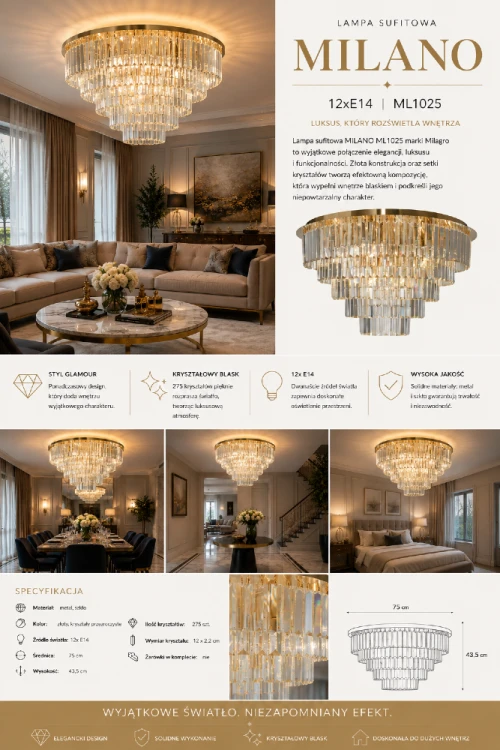 Lampa sufitowa MILANO 12xE14 Milagro to połączenie elegancji i funkcjonalności. Złota metalowa konstrukcja oraz transparentne kryształy efektownie rozpraszają światło, tworząc luksusową atmosferę we wnętrzu.