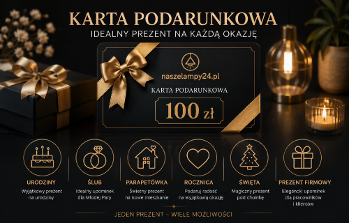 Szukasz uniwersalnego prezentu? Karta Podarunkowa 100 zł do sklepu NaszeLampy24 pozwala samodzielnie wybrać wymarzone oświetlenie. Doskonały pomysł na urodziny, święta, parapetówkę, rocznicę lub prezent firmowy.