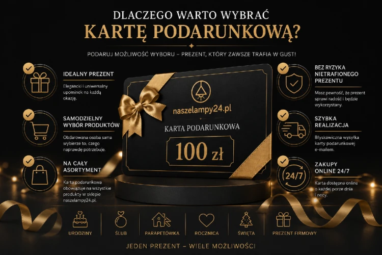 Podaruj możliwość wyboru. Karta Podarunkowa 100 zł NaszeLampy24 umożliwia zakup lamp sufitowych, żyrandoli, kinkietów, plafonów oraz wielu innych produktów. Elegancki prezent, który zawsze sprawia radość.