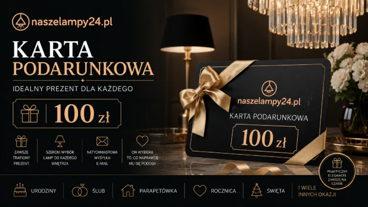 Voucher 100 zł do sklepu z oświetleniem NaszeLampy24 to praktyczny prezent dla miłośników pięknych wnętrz. Świetnie sprawdzi się na urodziny, ślub, parapetówkę lub jako elegancki upominek dla bliskiej osoby.