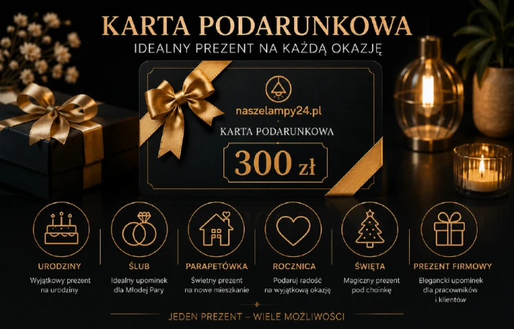 Podaruj możliwość wyboru. Karta Podarunkowa 300 zł NaszeLampy24 umożliwia zakup lamp sufitowych, żyrandoli, kinkietów, plafonów oraz wielu innych produktów. Elegancki prezent, który zawsze sprawia radość.