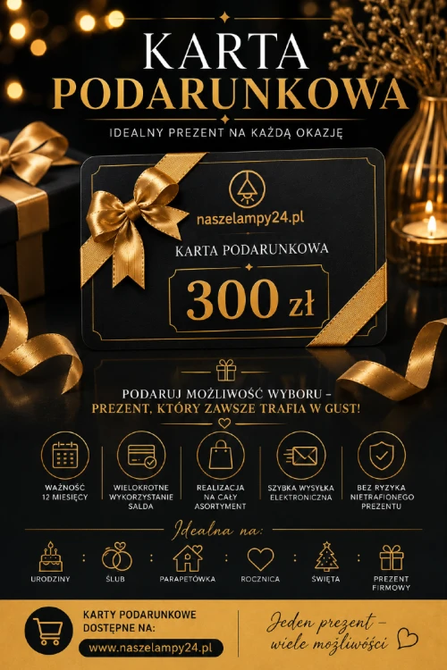 Karta Podarunkowa 300 zł to wygodny sposób na podarowanie wyjątkowego prezentu. Dzięki niej obdarowana osoba wybierze idealne lampy i dodatki do swojego wnętrza z bogatej oferty sklepu NaszeLampy24.