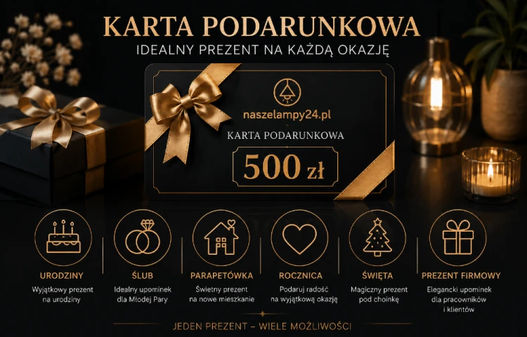 Podaruj możliwość wyboru. Karta Podarunkowa 500 zł NaszeLampy24 umożliwia zakup lamp sufitowych, żyrandoli, kinkietów, plafonów oraz wielu innych produktów. Elegancki prezent, który zawsze sprawia radość.