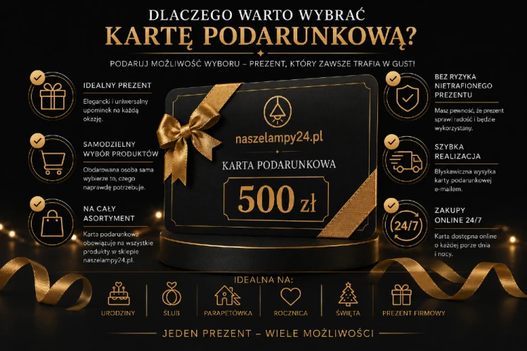 Karta Podarunkowa 500 zł to wygodny sposób na podarowanie wyjątkowego prezentu. Dzięki niej obdarowana osoba wybierze idealne lampy i dodatki do swojego wnętrza z bogatej oferty sklepu NaszeLampy24.