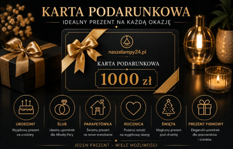 Podaruj możliwość wyboru. Karta Podarunkowa 1000 zł NaszeLampy24 umożliwia zakup lamp sufitowych, żyrandoli, kinkietów, plafonów oraz wielu innych produktów. Elegancki prezent, który zawsze sprawia radość.