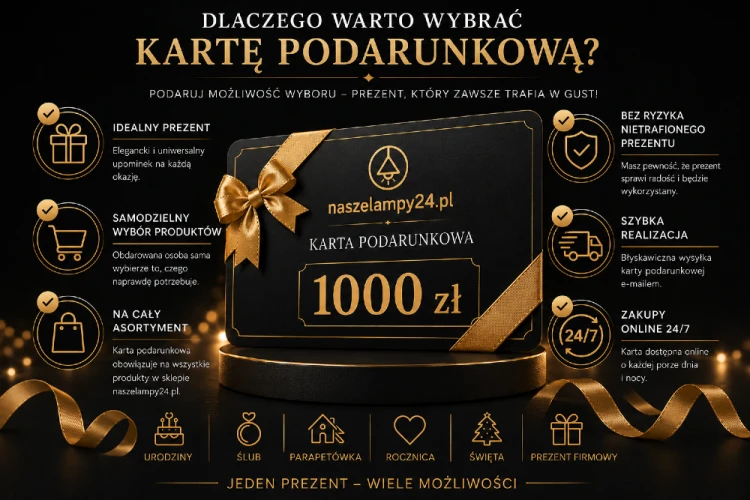 Karta Podarunkowa 1000 zł to wygodny sposób na podarowanie wyjątkowego prezentu. Dzięki niej obdarowana osoba wybierze idealne lampy i dodatki do swojego wnętrza z bogatej oferty sklepu NaszeLampy24.
