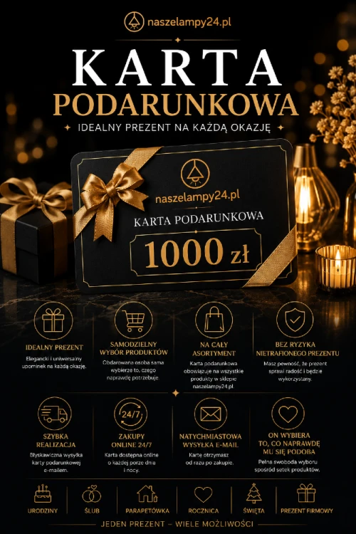 Karta Podarunkowa 1000 zł to wygodny sposób na podarowanie wyjątkowego prezentu. Dzięki niej obdarowana osoba wybierze idealne lampy i dodatki do swojego wnętrza z bogatej oferty sklepu NaszeLampy24.