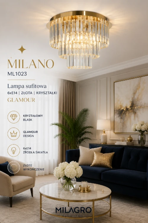 Lampa sufitowa MILANO ML1023 marki Milagro zachwyca złotym wykończeniem i efektownymi kryształkami. Sześć oprawek E14 zapewnia doskonałe oświetlenie salonu, jadalni lub sypialni, podkreślając elegancki styl glamour i nowoczesny charakter wnętrza.