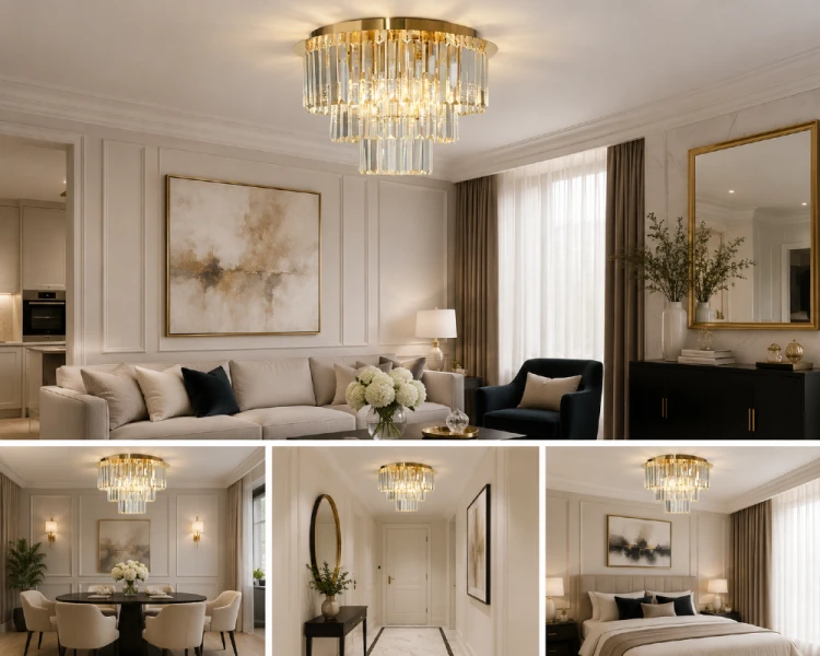 Złota lampa sufitowa MILANO 6xE14 Milagro ML1023 to połączenie luksusowego designu i funkcjonalności. Kryształowe zawieszki pięknie odbijają światło, tworząc wyjątkowy klimat w salonie, holu, sypialni lub eleganckiej jadalni
