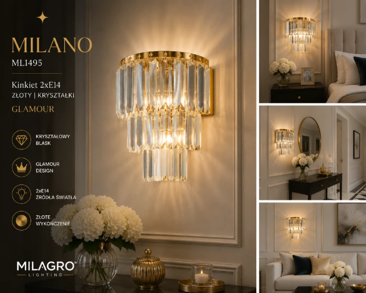 Lampa ścienna MILANO ML1495 to połączenie klasy i stylu. Złota konstrukcja i kryształki tworzą efektowną ozdobę. Świetnie sprawdzi się w salonie, sypialni i korytarzu.
