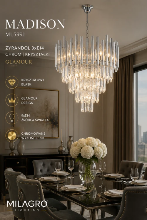 Lampa sufitowa MADISON 9xE14 chrom z kryształkami to idealny wybór do luksusowych aranżacji. Chromowana konstrukcja i transparentne kryształy pięknie odbijają światło, tworząc wyjątkową atmosferę w salonie, jadalni i reprezentacyjnym holu