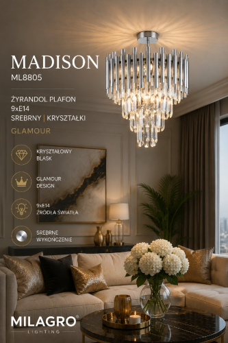 Żyrandol MADISON ML8805 marki Milagro to elegancki plafon glamour z chromowanym wykończeniem i efektowną kaskadą kryształów. Dziewięć oprawek E14 zapewnia mocne oświetlenie salonu, jadalni, sypialni lub reprezentacyjnego holu.