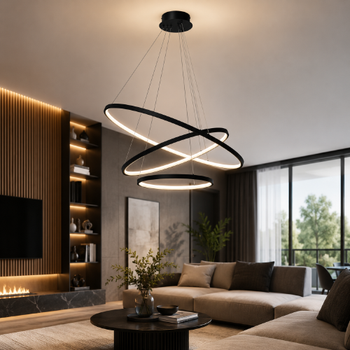 Nowoczesna lampa wisząca HOOP ML1543 zachwyca minimalistyczną formą i przestrzenną kompozycją trzech czarnych pierścieni LED. Regulowana wysokość oraz neutralne światło 4000K sprawiają, że doskonale pasuje do współczesnych wnętrz.