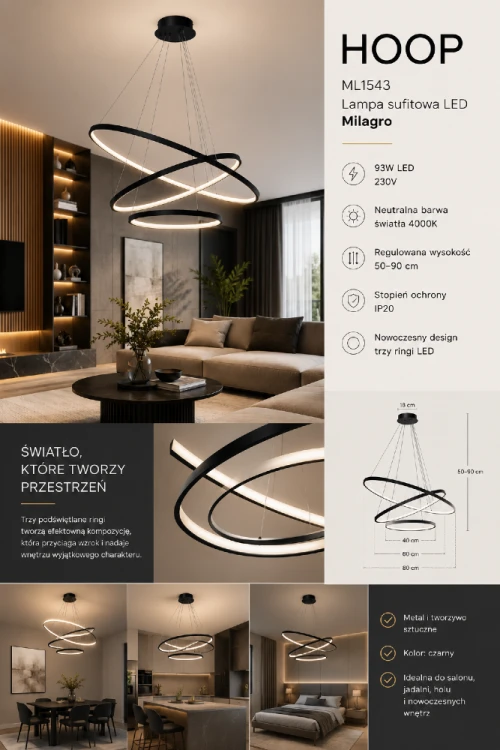HOOP ML1543 to elegancka lampa LED do salonu i jadalni. Trzy ringi o średnicach 80, 60 i 40 cm tworzą wyjątkową dekorację sufitu, a zintegrowane źródło światła 93W zapewnia skuteczne i energooszczędne oświetlenie.